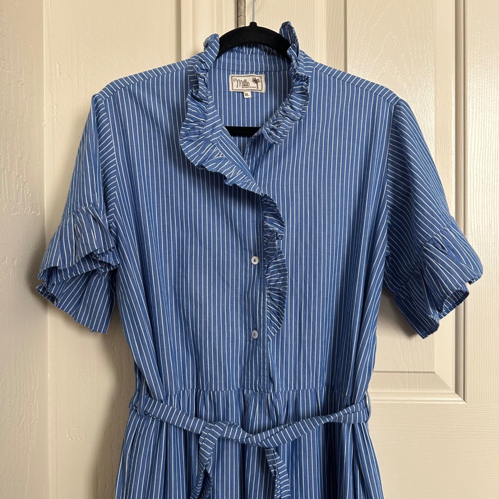 MILLE Sola Tiered Maxi Dress in Blue Pinstripe Cotton - Size XL - Picture 3 of 10